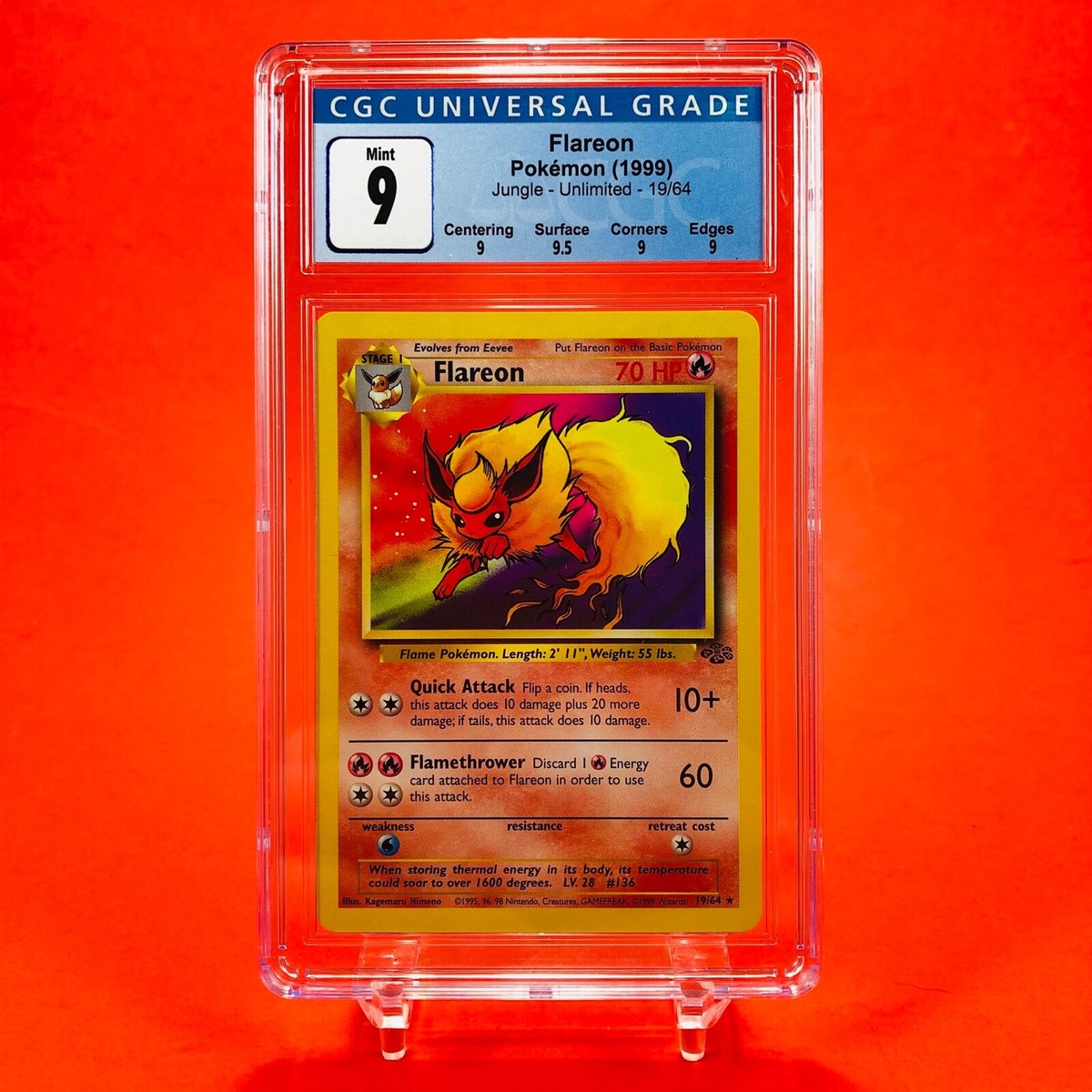 1999 flareon pokemon card value CGC 9 Jungle Unlimited 19/64 Mint Rare Pokémon (NOT HOLOGRAPHIC) Commemorate your favorite tabletop game with this Flareon 1999 Pokemon Jungle Holo Rare #3 PSA Authenticated 9 Card Anyone know the value of