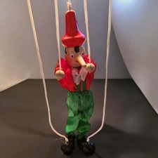 1960 Pinocchio Marionette Puppet 7.5" Wooden String Toy Red Green Vintage