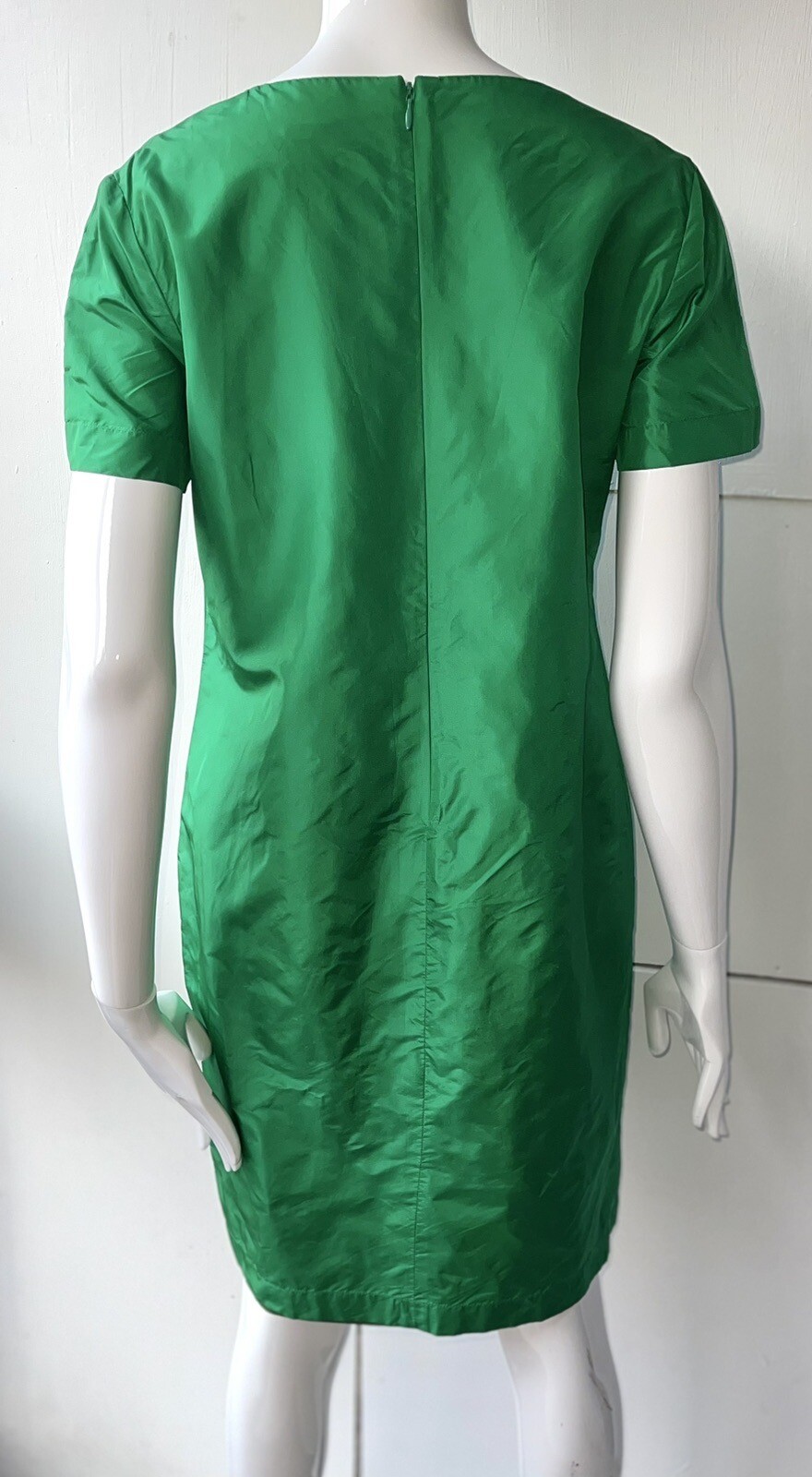 ABITO VINTAGE YVES SAINT LAURENT VARIAZIONE LUNGHEZZA GINOCCHIO 100% VERDE SETA TAGLIA UK14