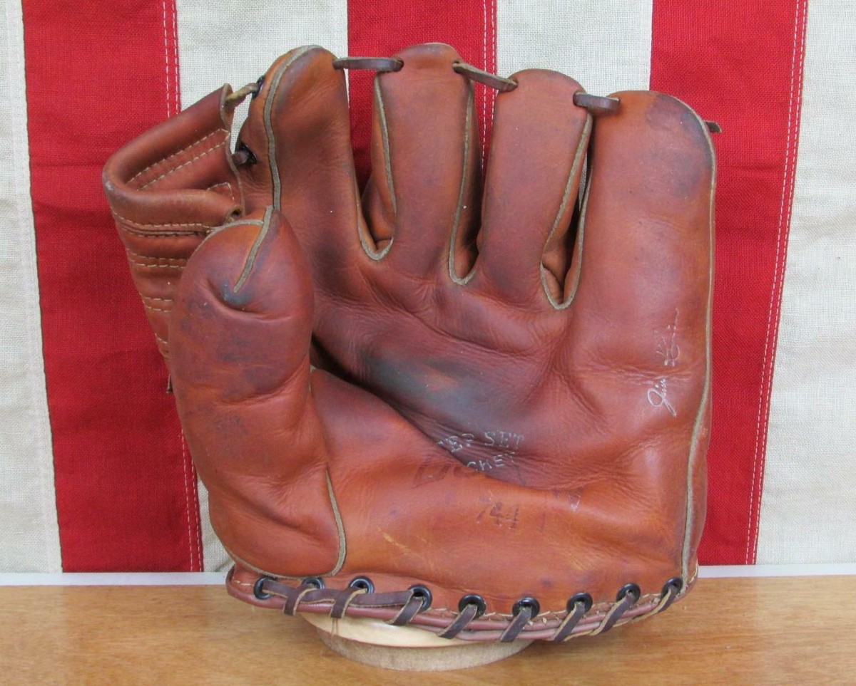 レア ヴィンテージ ストライプデザイン 木製 & レザー バスケット 1950s Vintage 1950s Dubow Leather Baseball Glove Fielders Mitt Jim Reese