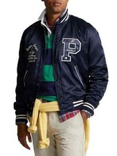 Polo Ralph Lauren Varsity Jacket Men's XXL Letterman Patchwork Satin Bomber Navy