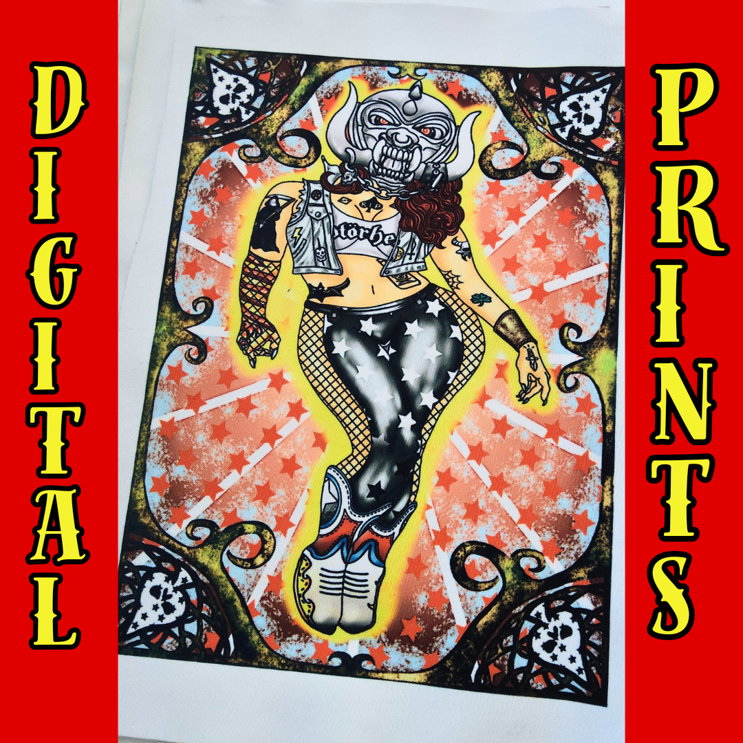 Motorhead girl digital print pinup unique decor vibrant punk rock metal limited