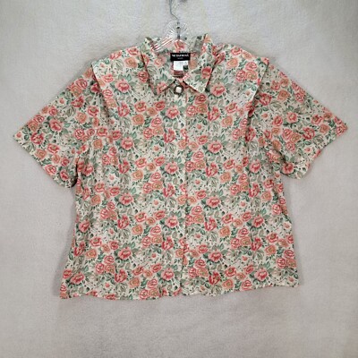Vtg Peach Floral Women Top Notations Pleated Shoulder Pad Blouse Plus Size 16W
