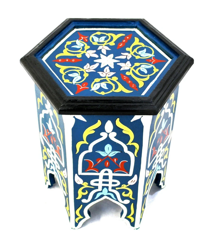 Moroccan Side Table Accent End Corner Piece Blue Authentic Painted Decor Size 1 - Image 2 of 4