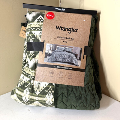 Wrangler 3-Piece King Green Aztec Plush Reversible Quilt Set NWT Heavy