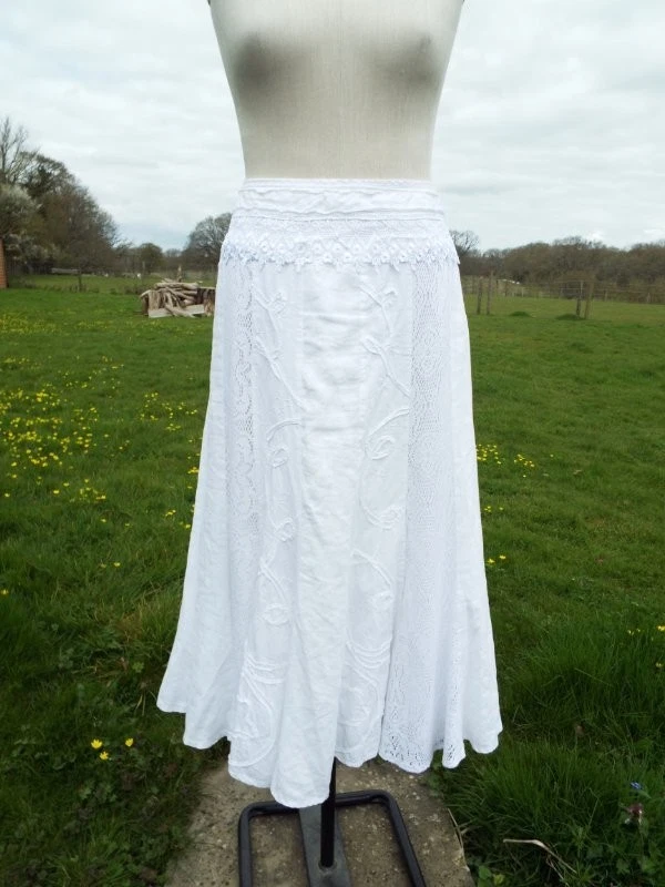 PER UNA White Lace Paneled Linen Cotton Mix Lined Midi Skirt Size 14 Regular