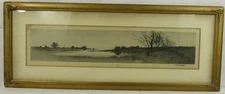 antique etching pond scene J. Hally