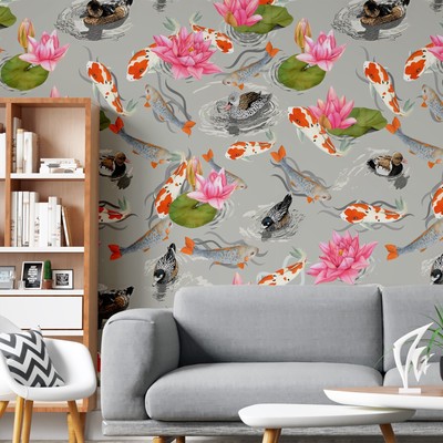 Koi Fish Garden Printed Wallpaper,Pre Pasted, Decoration Wallpaper