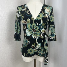 VTG Byer Top Womens Medium Black Retro Floral Wrap Stretch Y2K Boho Fairygrunge