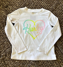 Hurley Girls Long Sleeve Swim Shirt Rash guard Size 4 White UPF 50 Heart Logo