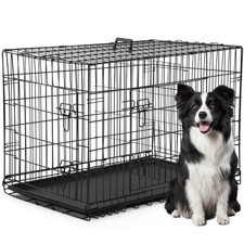 FDW XL 42" Dog Crate Folding Metal Kennel with Double Door Tray Divider Dogs