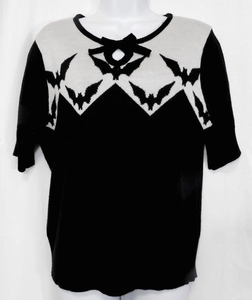 Suéter Hell Bunny Murciélago XL Negro Blanco Mezcla de Lana Manga Corta Halloween Gótico Foto 2 de 4