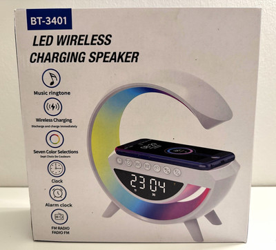 BT BT-3401 Bluetooth Lautsprecher mit Wireless Charging, LED, Uhr/Wecker, Weiß