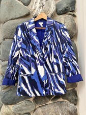Chico's Size 1 Abstract Stretch Blazer 3/4 Sleeve Blue Purple Cuff Sleeves Retro