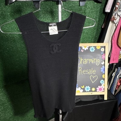 CHANEL Black Ribbed Knit Logo Scoop Neck Stretch Tank Top Size 50 P35182K02061