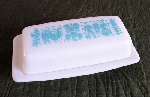 Vintage Pyrex Turquoise Amish Butterprint Milk Glass Butter Dish & Lid (N.O.S)