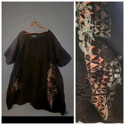 Vintage Blue Fish II Painted  Tunic Top Dress Black Linen Rare