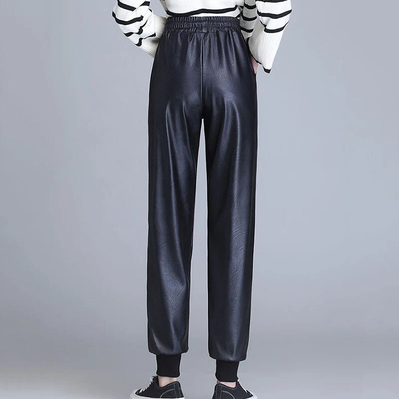 Femme Simili Cuir PU Pantalon Élastique Cordon Taille Poche Conique Souple - Photo 4/4