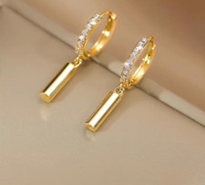 Yellow Gold Plated Dangle Bar Stick CZ Huggie Hoop Earrings Women Girl PE3