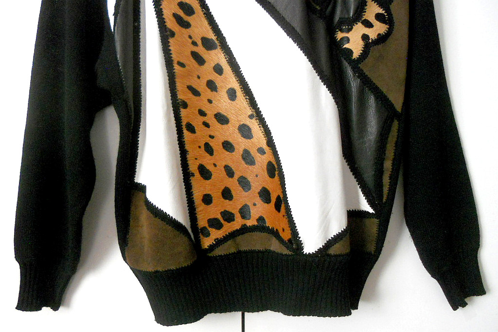 LEATHER PATCHWORK  and 100% WOOL SWEATER Black Br… - image 3