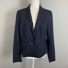Ann Taylor Suit Jacket 12 Navy Pin Stripe Long Sleeve Fully Lined Women Size 8