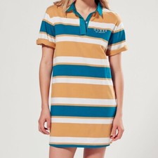 UO Guess Los Angeles Multi Color Striped Women Polo Shirt Dress Tunic Med.