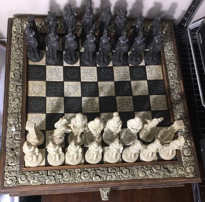 Aztec vs Conquistador Chess Board Complete Set Wood & Sandstone Handmade Mexico