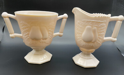 Vtg Jeanette Milk Glass Open Sugar Creamer Set Shell Pink w/Baltimore Pears