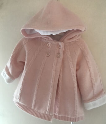 Strickjacke 3-6 Monate rosa mit Kapuze Fleece gefüttert Zopfmuster