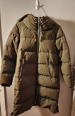  DKNY Down Hooded Quilted Parka Coat Puffer XS Green:Loden Green Midi Puffer 