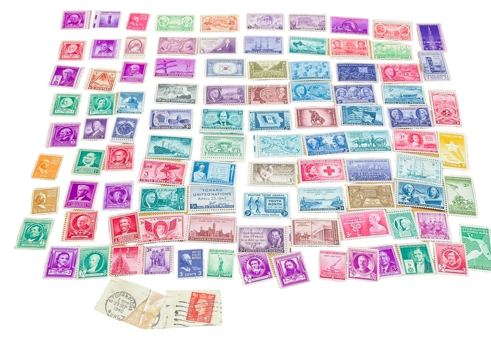 Stamp Collection Unused 1 Cent 2Cent 3Cent VTG W/ Book Lot Of 96 Red Blue Green - Image 3 of 4