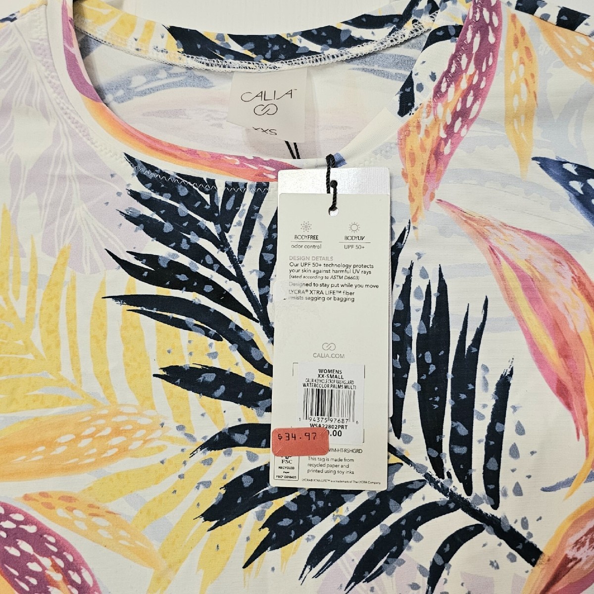 NWT CALIA WOMEN'S KEYHOLE CROP RASH GUARD TOP ONLY WATERCOLOR PALM