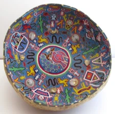 HUICHOL X-LARGE BEADED SHAMAN CEREMONIAL BOWL, 13 x 4.5 INCHES