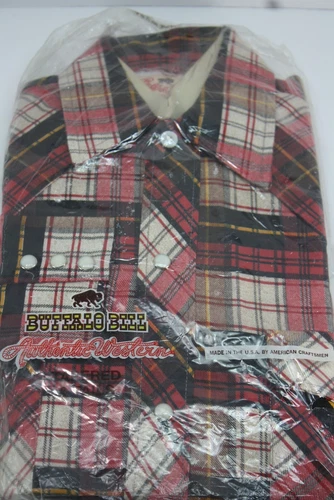 Vtg 70s Buffalo Bill Western Flannel Cowboy Shirt Pearl Snaps NOS Small Tapered