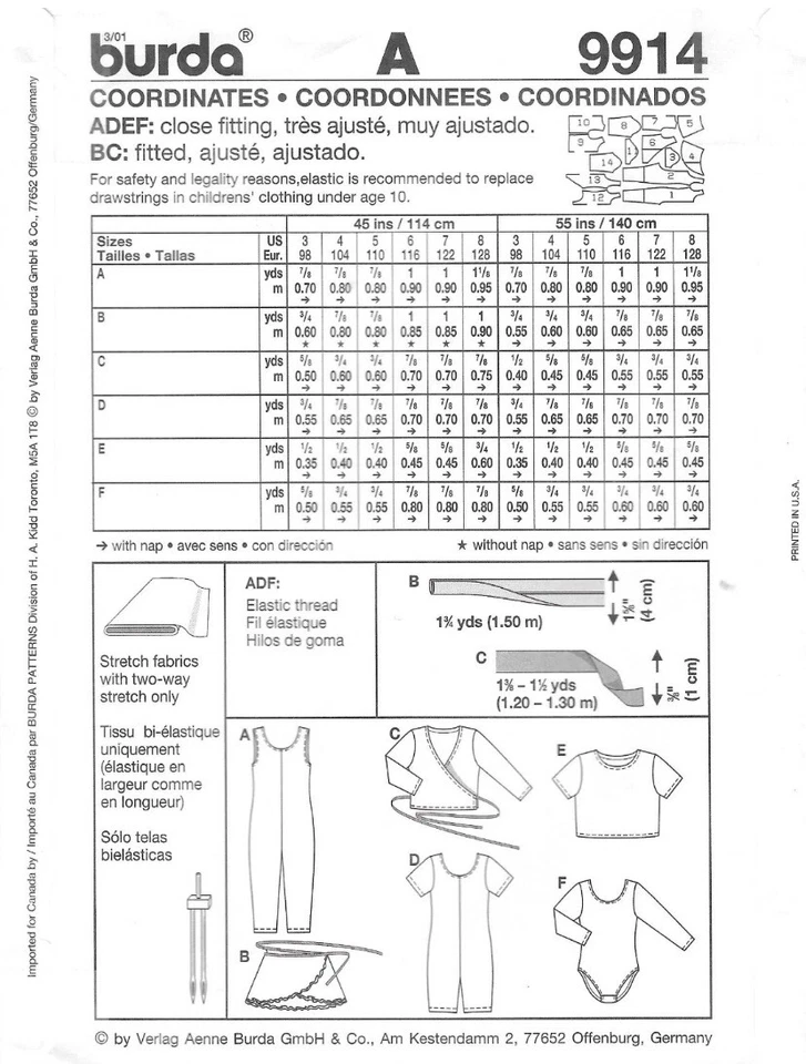 Uncut Burda Sewing Pattern 9914 Girls Ballet Gym Leotard Unitard Skirt Size: 3-8 - Image 2 of 2