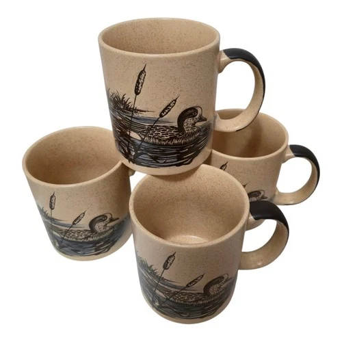 Vintage Otagiri Coffee Mugs Ducks Hunting Man Cave Lot Of 4 Stoneware Cups