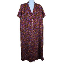 Vintage 60s Neon Floral Maxi Caftan MuuMuu Zip Front Womens XL Barkcloth Groovy