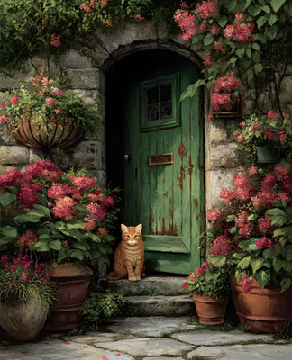 8x10 Cat Before Green Door Art Print - 500670516
