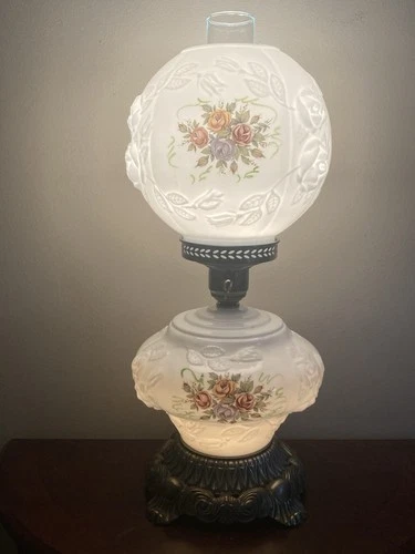 Vintage GWTW Hurricane Lamp 3-way Embossed Glass Roses Pink ~ White