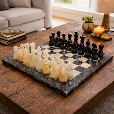 Premium Marble Chess Set Black & Onyx Handmade Board Game Gift Set