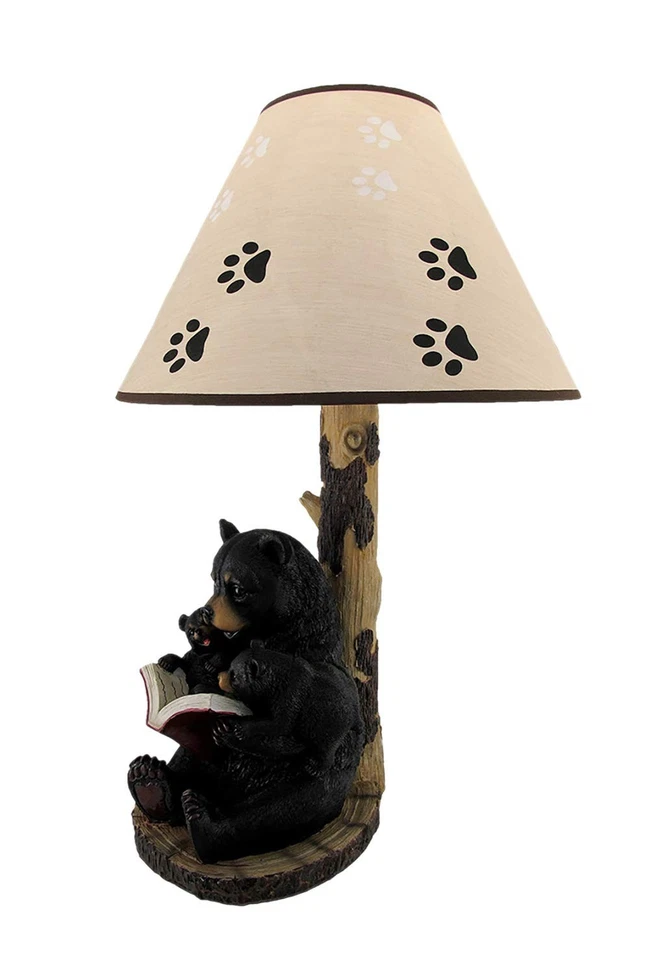 Lámpara de mesa Black Bear Reading to Curious Cubs con pantalla con estampado de patas decoración occidental Foto 3 de 4