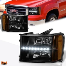 For 07-14 GMC Sierra LED DRL Black Housing Amber Side Corner Headlight/Lamp Set