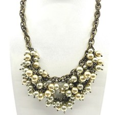 Necklace Vintage Faux Pearl Cluster Bib Brass Tone Chunky Statement Bridal Boho