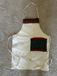 VTG Handmade Full Bib Christmas Apron Muslin Fabric Pleated Pocket Gold Writing