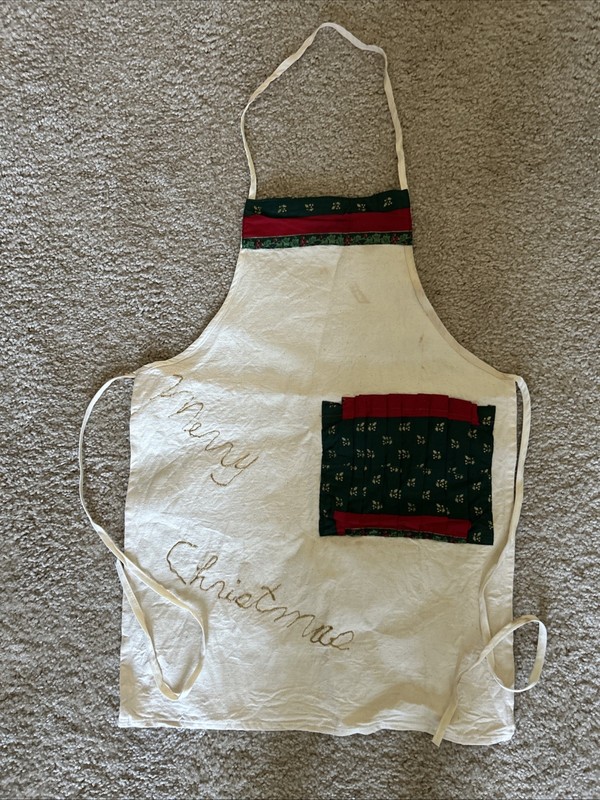 VTG Handmade Full Bib Christmas Apron Muslin Fabric Pleated Pocket Gold Writing