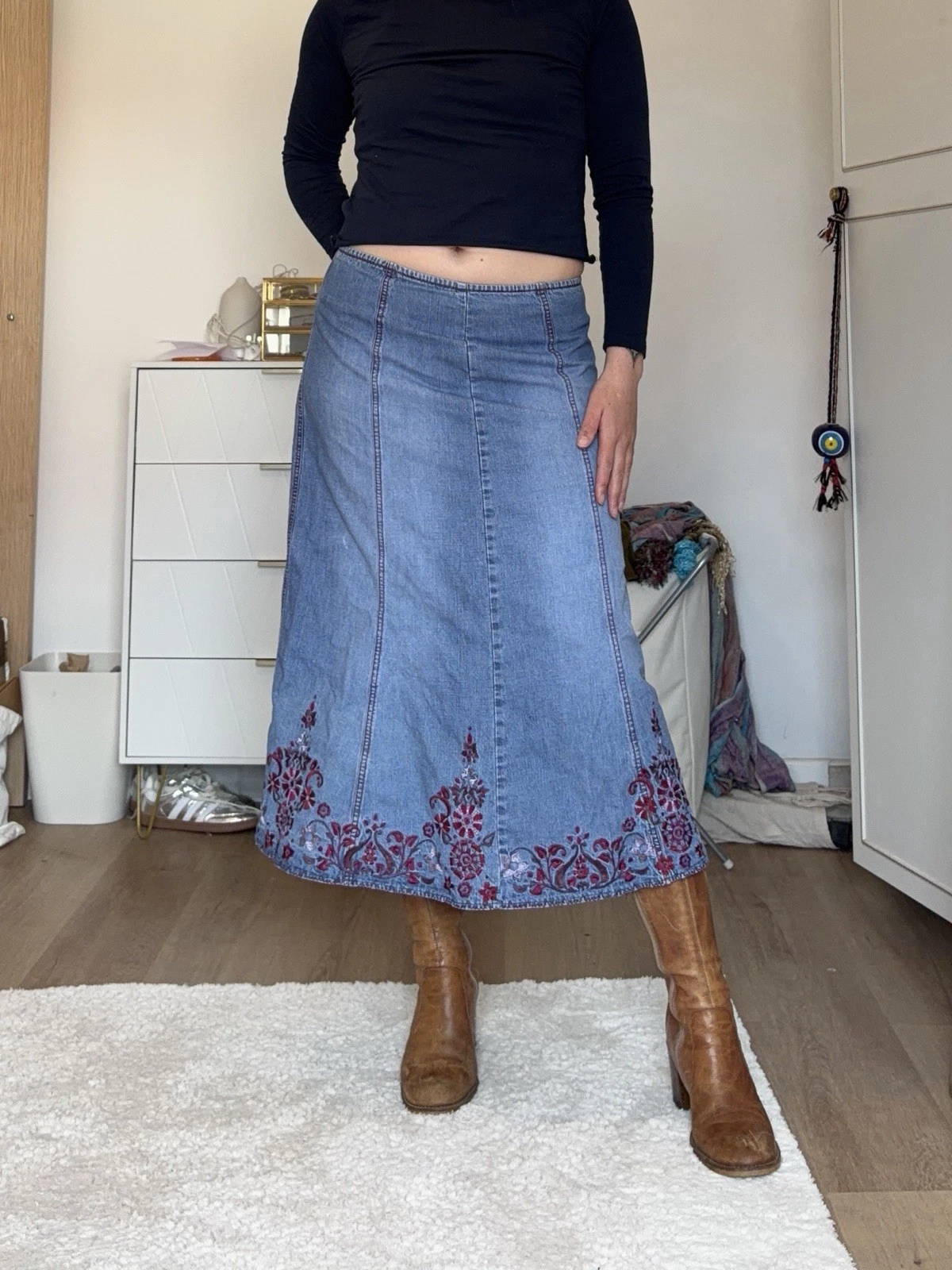 Vintage Y2k Denim Embroidered Maxi Skirt Whimsy Size 10/12