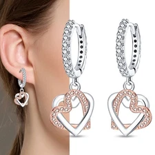 PANDACH 925 Sterling Silver Heart-to-Heart Drop Earrings For Women Jewelry Gifts