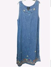 Denim Full Length Dress With Embroidered Flowers Size Medium Whimsy Grannycore