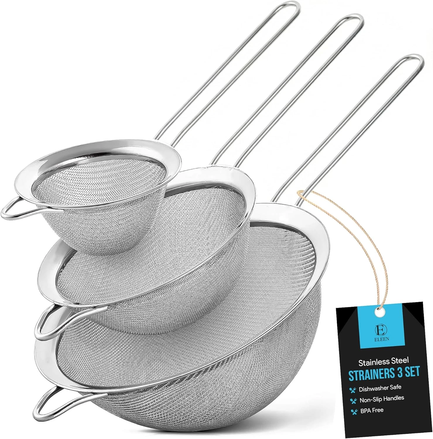 ELEEN Premium Stainless Steel Fine Mesh Strainers for Kitchen 3-Piece Set with N
Opens in a new wind