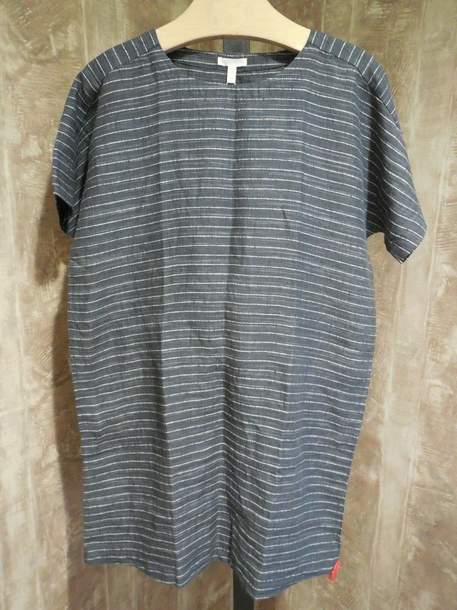 MISSES SCOOP NECK ORGANIC LINEN DELAVE PINSTRIPE DRESS EILEEN FISHER S $298